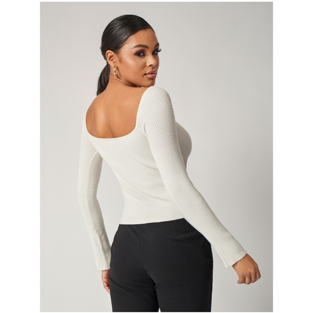 White Rib Knit Sweetheart Sweater Top - Picture 5 of 6